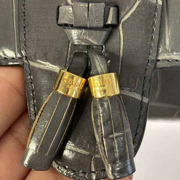 Authentic Celine Women Gray Anthracite Croc Embossed Leather Tassel Handbag - Picture 10 of 15